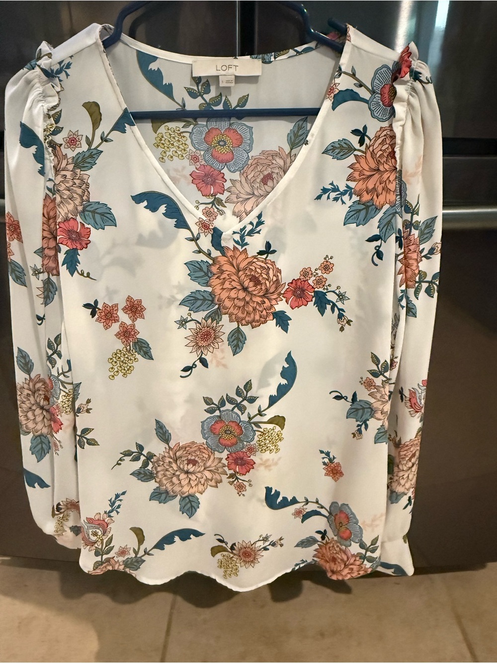 LOFT Cream Floral V-Neck Long Sleeve Top with Blue and Coral Accents